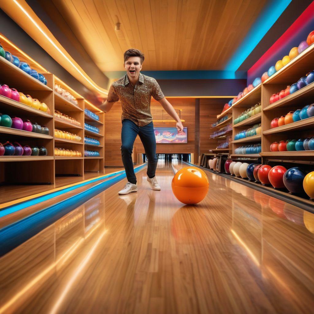 A dynamic bowling alley scene featuring a bowler in mid-action, launching a sparkling gold bowling ball down a glowing lane. Behind them, shelves laden with bowling trophies and gear, creating a vibrant atmosphere. Add a group of enthusiastic spectators cheering in the background, with neon lights reflecting off polished wooden floors. Include elements of modern lifestyle, like stylish bowling shoes and colorful bowling balls. vibrant colors. super-realistic. dynamic composition.