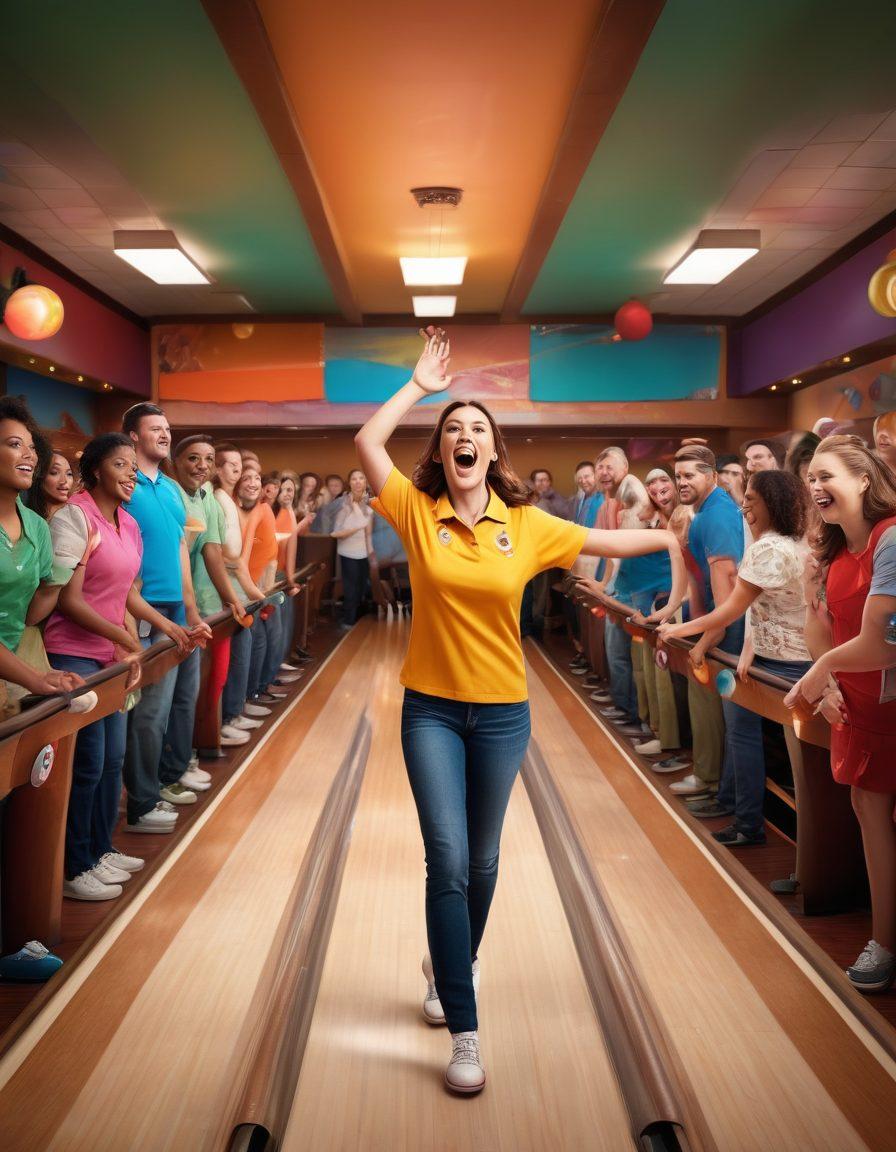A vibrant bowling alley scene showcasing a mix of enthusiastic bowlers participating in a lively contest, colorful league banners hanging overhead, and a diverse group of spectators cheering. Include details like bowling balls, shoes, and trophies, with a lively community atmosphere. Capture the excitement and camaraderie within the bowling culture. super-realistic. vibrant colors. cinematic lighting.